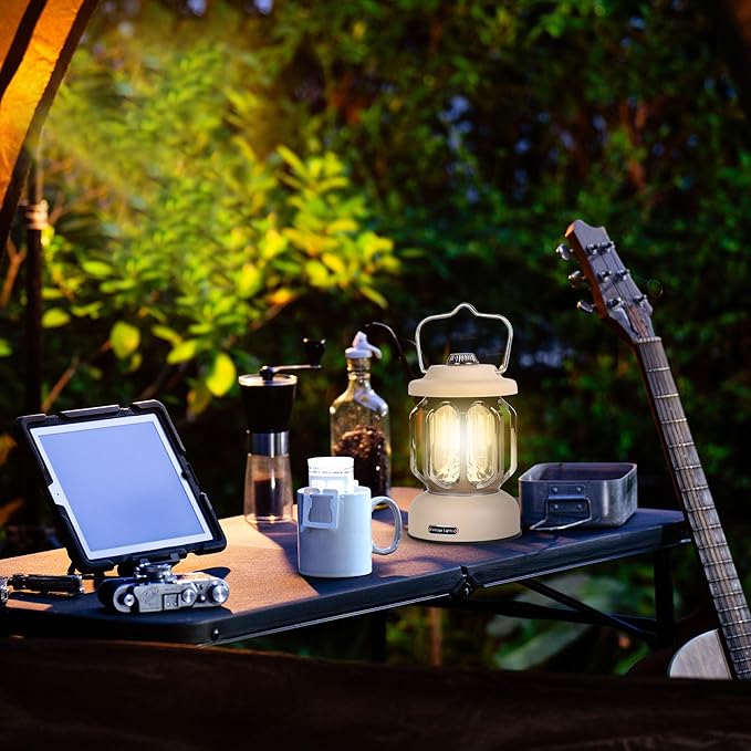 Rechargeable LED Camping Lanterns, Vintage Camping Lights Battery Operated, Portable Retro Metal Glamping Lights for Hiking, Hurricane, Decoration, Power outages, White, 1 Pack