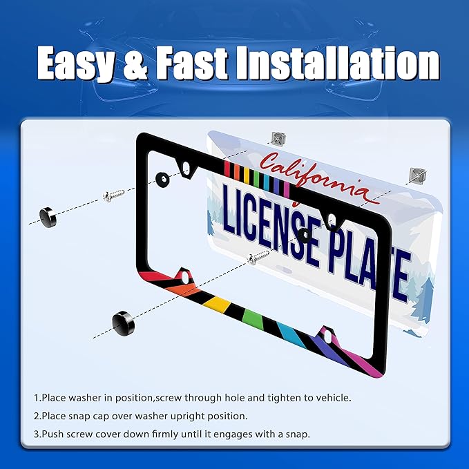 Rainbow Lines License Plate Frame LGBT Flag Gay Lesbian License Plate Stainless Steel Auto Parts Funny License Plate Decorative with Screws Size 12.3" x 6.3" for Women Men