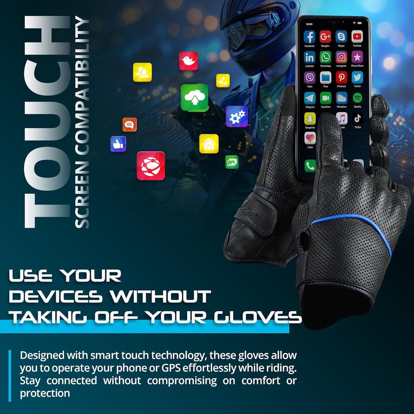 aasportx Motorcycle Gloves - Men's Leather Motorbike Gloves with Touchscreen Function - Non-Slip Pads for Men & Women