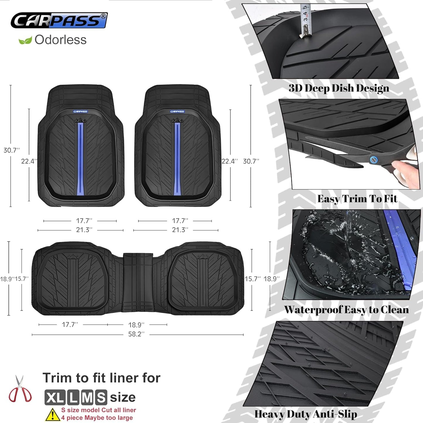CAR PASS Tire Tread DeepDish Rubber Floor Mats for car Heavy Duty car mats All Weather, Universal XL~M Trim to Fit for Truck SUV Vehicle Automotive, Waterproof car mats 3 Piece(Blue Black)