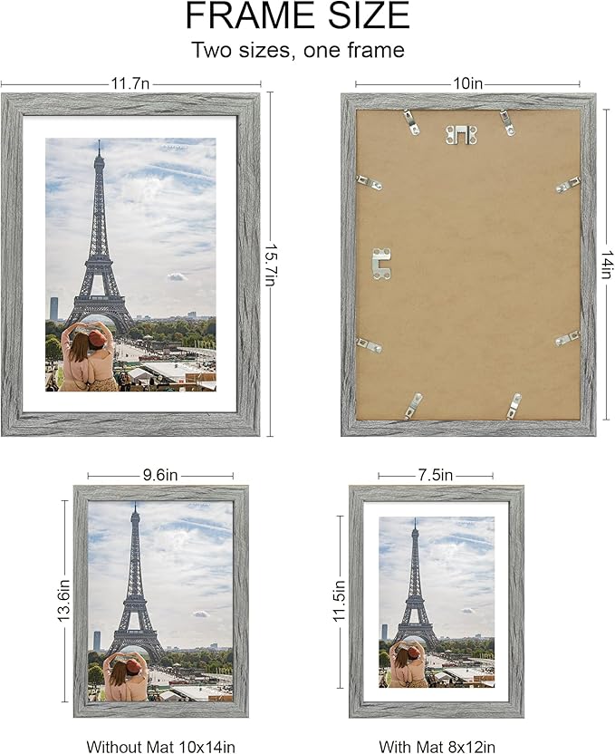 10x14 Picture Frame Set of 4, Made of Glass and Grey Wooden Frame, Display 8x12 Pictures with Mat or 30 x 40cm Diamond Painting Art without Mat for Wall Mounting, Gallery Photo Frames