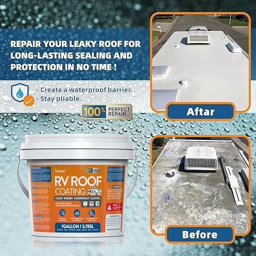 1 Gallon RV Roof Coating White with Brush, Towel, Solar Reflective Sealant for Easy Insulation & Leak Repair, Liquid Flexible Rubber Camper RV Roof Sealant for Metal Building, Trailer, Motorhome