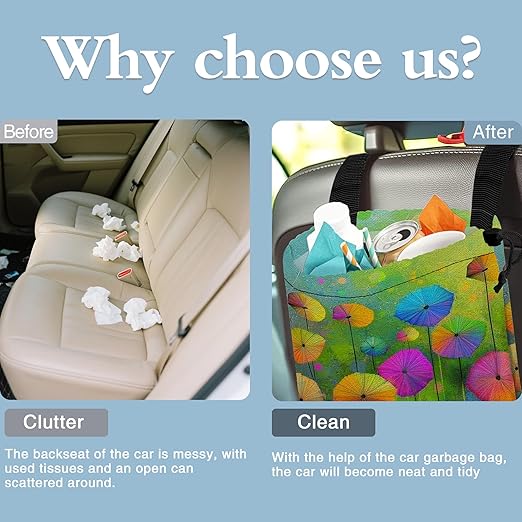 Watercolor Dandelion Car Garbage Bag,Colorful Dandelions Small Car Trash Bag Hanging Back of Seat,Drawstring Car Trash Bag with Adjustable Buckle,Car Accessories for Camping Travelling
