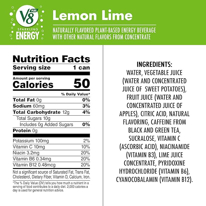 V8 +SPARKLING ENERGY Lemon Lime Energy Drink, Made with Real Vegetable and Fruit Juices, 11.5 FL OZ Can (Pack of 12)