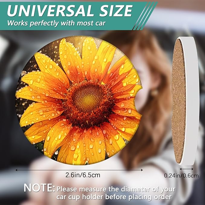 2 Pack Car Cup Holder Coasters - Sunflower Raindrops Absorbent Ceramic Coaster, Car Coasters for Cup Holders, Car Interior Accessories for Women Men