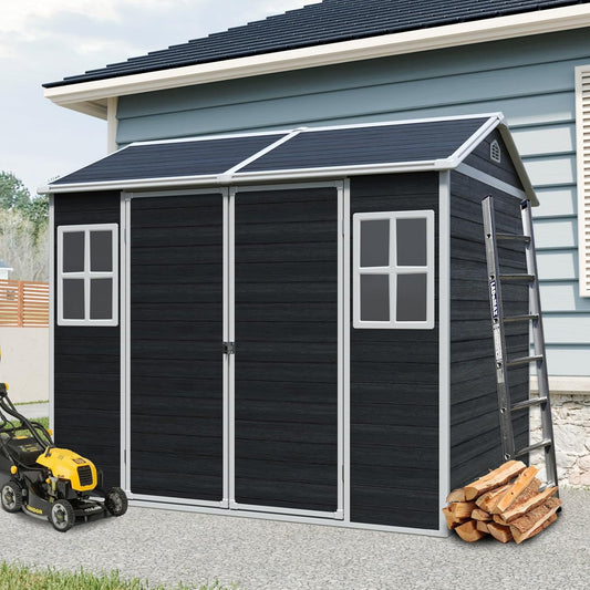 8x6 FT Outdoor Storage Shed, Resin Garden Shed with Thick Floor, Plastic Storage Shed with 2 Windows, Waterproof Outside Tool Shed with Lockable Hinged Doors for Backyard, Patio, Lawn, Black