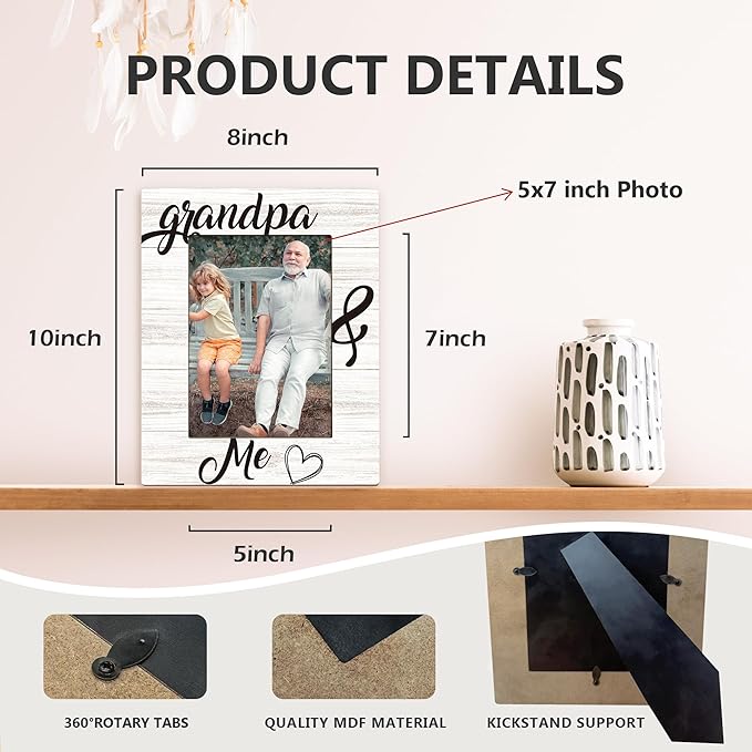Fathers Day Grandpa Picture Frames - Grandfather Photo Frame, Grandpas Gifts for Father's Day Birthday from Grandkids, Grandpa and Me Grandfather Picture Photo Frames for Home Bedroom Decor, 5x7