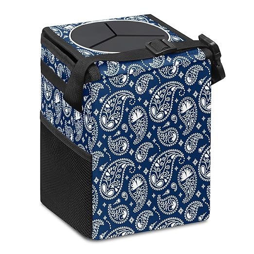 Car Trash Can Vintage Indian Paisley Navy Blue Auto Garbage Bag Car Trash Can with Lid Leak-Proof Car Storage Bag Garbage can Hanging for Headrest Collapsible and Portable with Storage Mesh Pocket