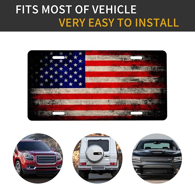 Front License Plate Vintage American Flag Vanity Plates Aluminum Metal Decorative Car Tag Novelty License Plate Cover for Men Women ‎6 * 12 in (4 Holes)
