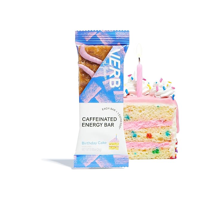 Verb Caffeinated Energy Bars Birthday Cake (26g, Pack of 16) 110-Calorie Delicious Low Sugar Energy Bar - Vegan Gluten Free On-the Go Snack with 80mg Green Tea Caffeine, Only Real-Food Ingredients