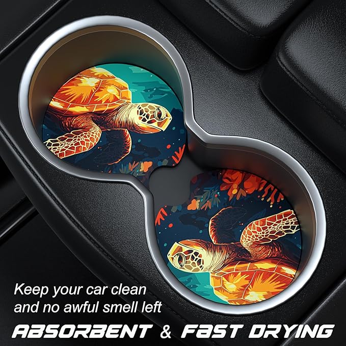 Car Cup Holder Coasters, 2 Pack Universal Auto Anti Slip Insert Coaster with A Finger Notch, Cute Car Assecories for Women Men, Cup Mat for Most Interior, Turtles