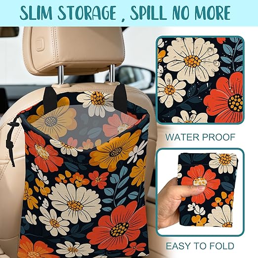 Car Garbage Bag Abstract Floral and Green Leaves Hanging Canvas Car Trash Bag Waterproof Drawstring Car Back Seat Organizer for Car Back Front Seat Console with Adjustable Buckle