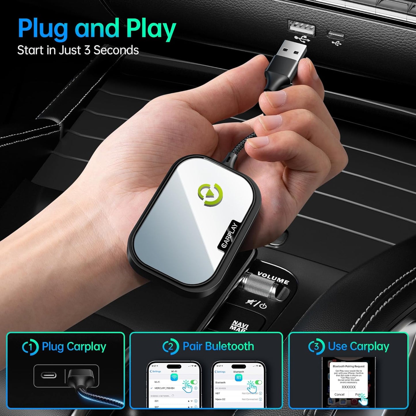 Wireless CarPlay Adapter for Apple iPhone, Converts Factory Wired CarPlay to Wireless CarPlay 2024 Upgrade Plug & Play Auto Connect Fast Easy Use for Cars from 2017 & iPhone iOS Dark Black