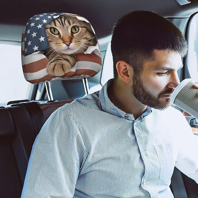 Dujiea 2 Pack American Flag Cat Car Headrest Covers, Universal Soft Car Seat Head Rest Cover Protector, Vehicle Accessories Fabric Headrest Cover for Cars Vans Trucks