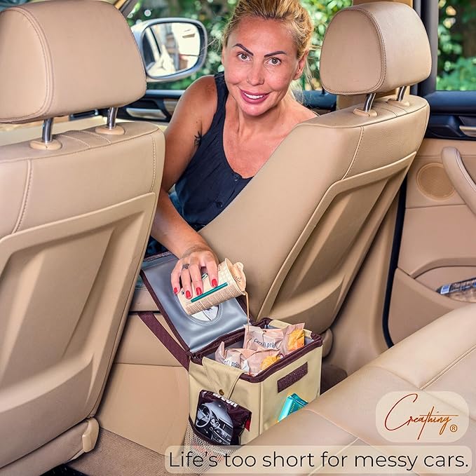 Creathing Car Trash Can | Touring Edition | Detachable Leak-Proof Liner & Odor-Sealing Lid - Universal Hanging Garbage Bin for Cars, SUVs, Trucks (2 Gal, Beige)