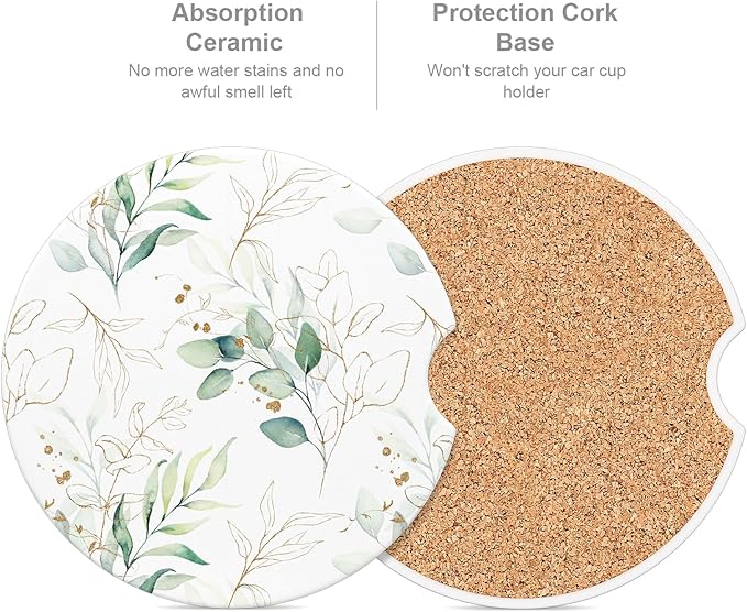 Car Cup Holder Coaster, Car Coasters for Cup Holders, 2 Pack Universal Anti Slip Insert Absorbent Ceramic Auto Interior Accessories with A Finger Notch & Cork Base, Leaves