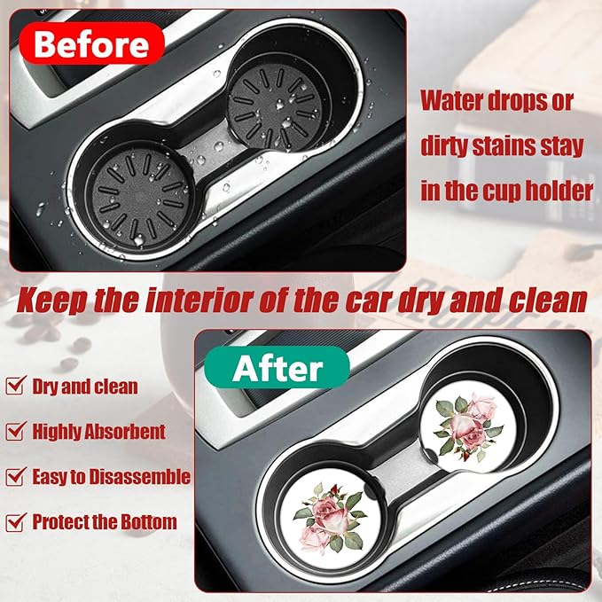 Watercolor Rose Car Coasters for Cup Holders, Vintage Floral Absorbent Ceramic Car Coaster Car Cup Holder Coaster Car Accessories for Women Men (2 Pack)