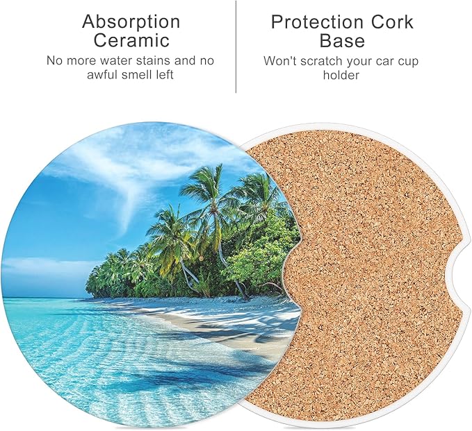 Car Cup Holder Coaster, Car Coasters for Cup Holders, 4 Pack Universal Anti Slip Insert Absorbent Ceramic Auto Interior Accessories with A Finger Notch & Cork Base, Sky and Sea