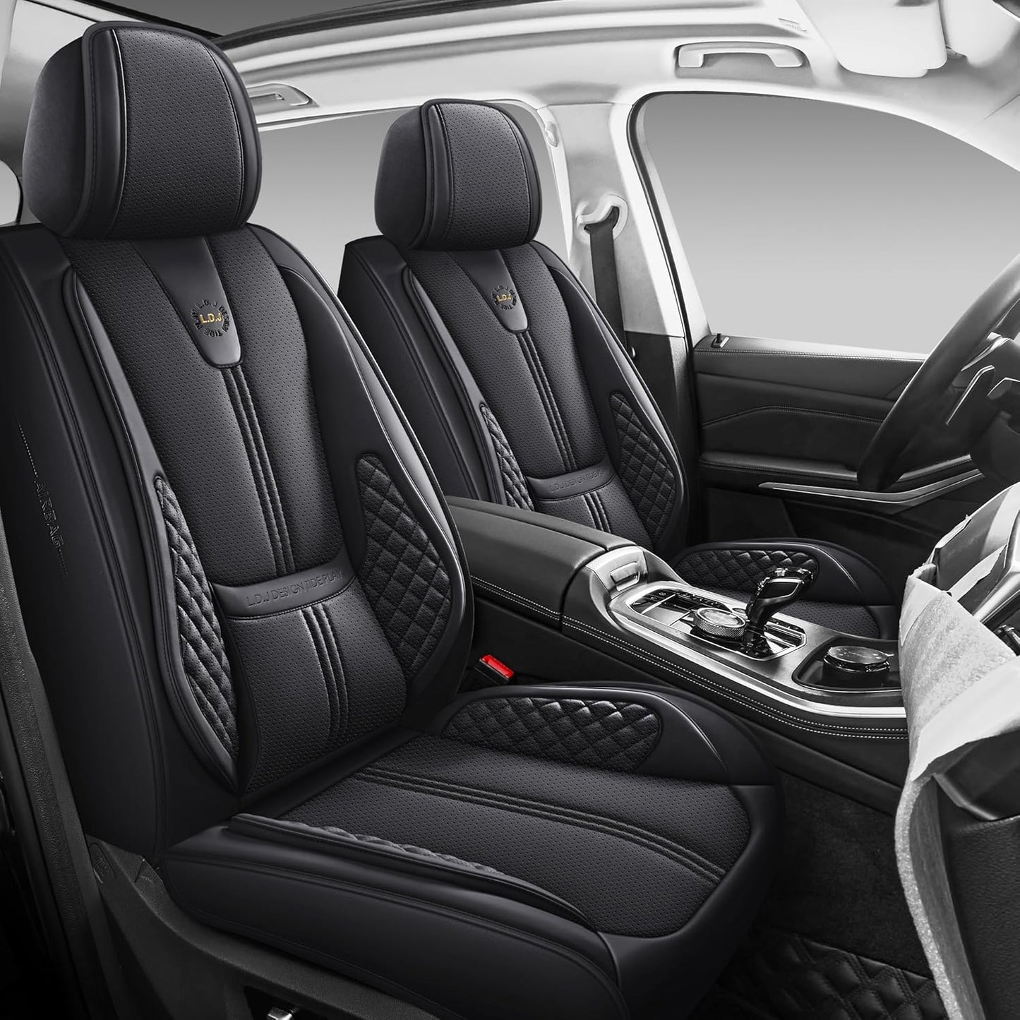 Car Seat Covers Full Set, Black Seat Cover for Cars Compatible Airbag, Easy Install Luxury Leather Automotive Seat Covers with Lumbar Support, for Car, Truck, SUV, Black