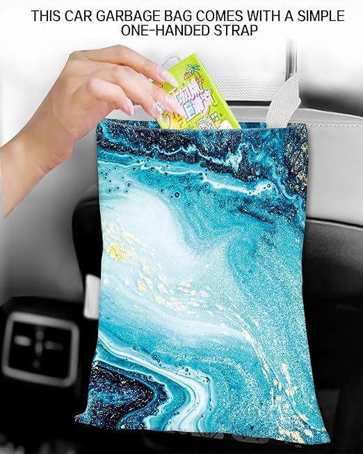 Car Garbage Can, Car Trash Bag, Car Garbage Bag, Hanging Car Trash Can for Car Accessories, Vehicle, Travelling, Camping, Cute Car Back Seat Organizer, Luxury Blue Marble