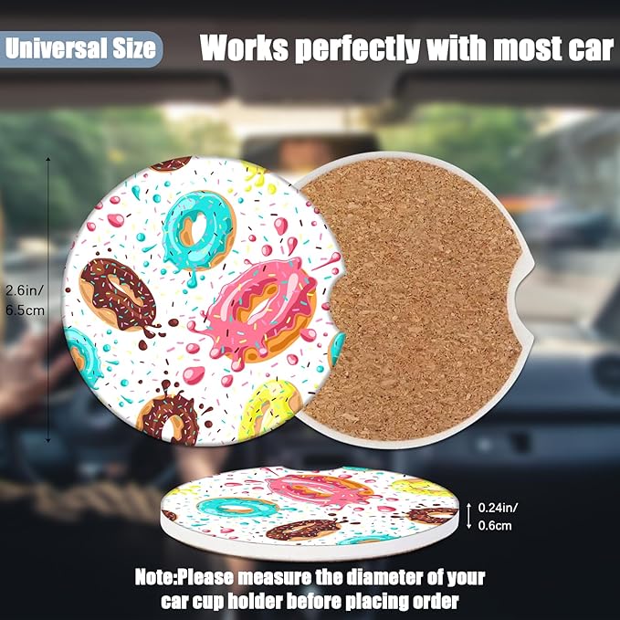 Car Cup Holder Coaster - Sweet Donuts Absorbent Ceramic Coaster 2 Pack, Car Coasters for Cup Holders, Fashion Car Interior Accessories Drink Coaster for Women & Men