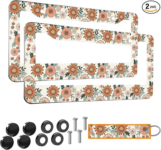 2pcs Vintage Sunflowers Floral License Plate Frame for Women,Inspirational Sunflowers car Decorative tag Frames Girly,Retro Botanical License Plate Cover Holder for Vehicle with car Keychain tag