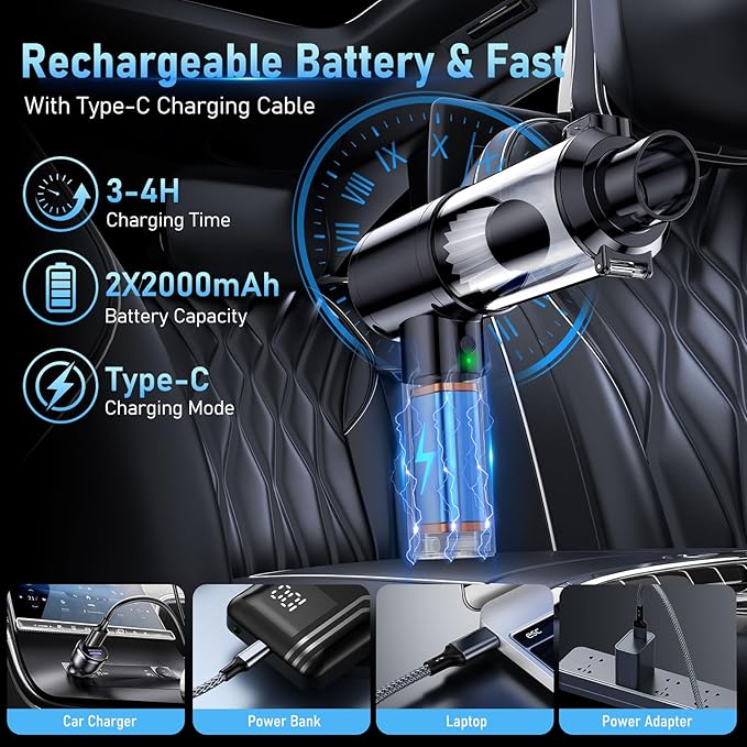 Car Vacuum Portable Cordless, 35000Pa High Power Brushless Motor Handheld Vacuum, 6-in-1 Rechargeable Mini Cleaner with Air Duster for Car, Home, Pet Hair, Keyboard,Grey