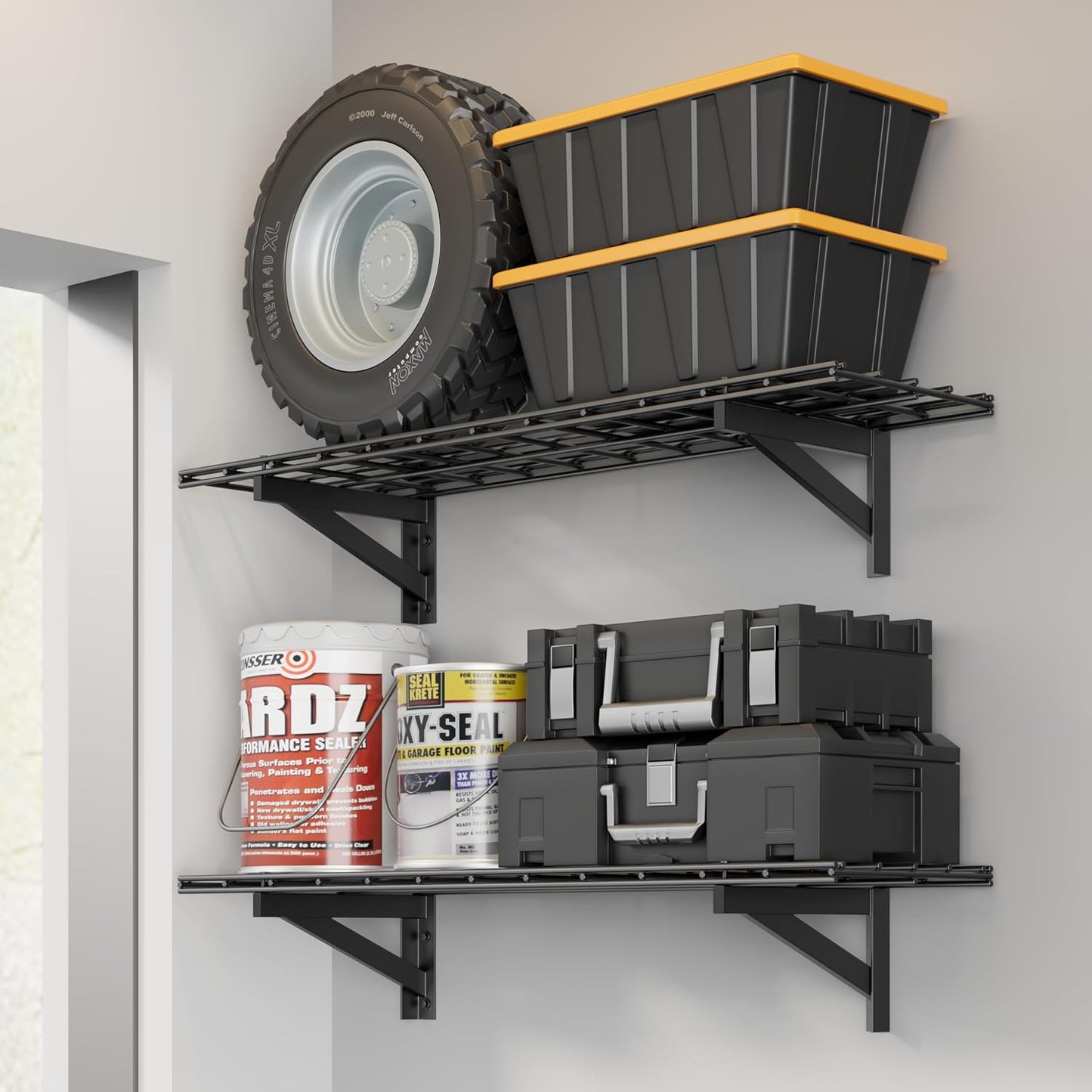 2 Pack Heavy Duty Garage Wall Shelving Set (1x4ft), Wall Mounted Garage Shelves 500lbs Capacity, 12"x48" Shelf Storage Rack Floating Shelves, Black