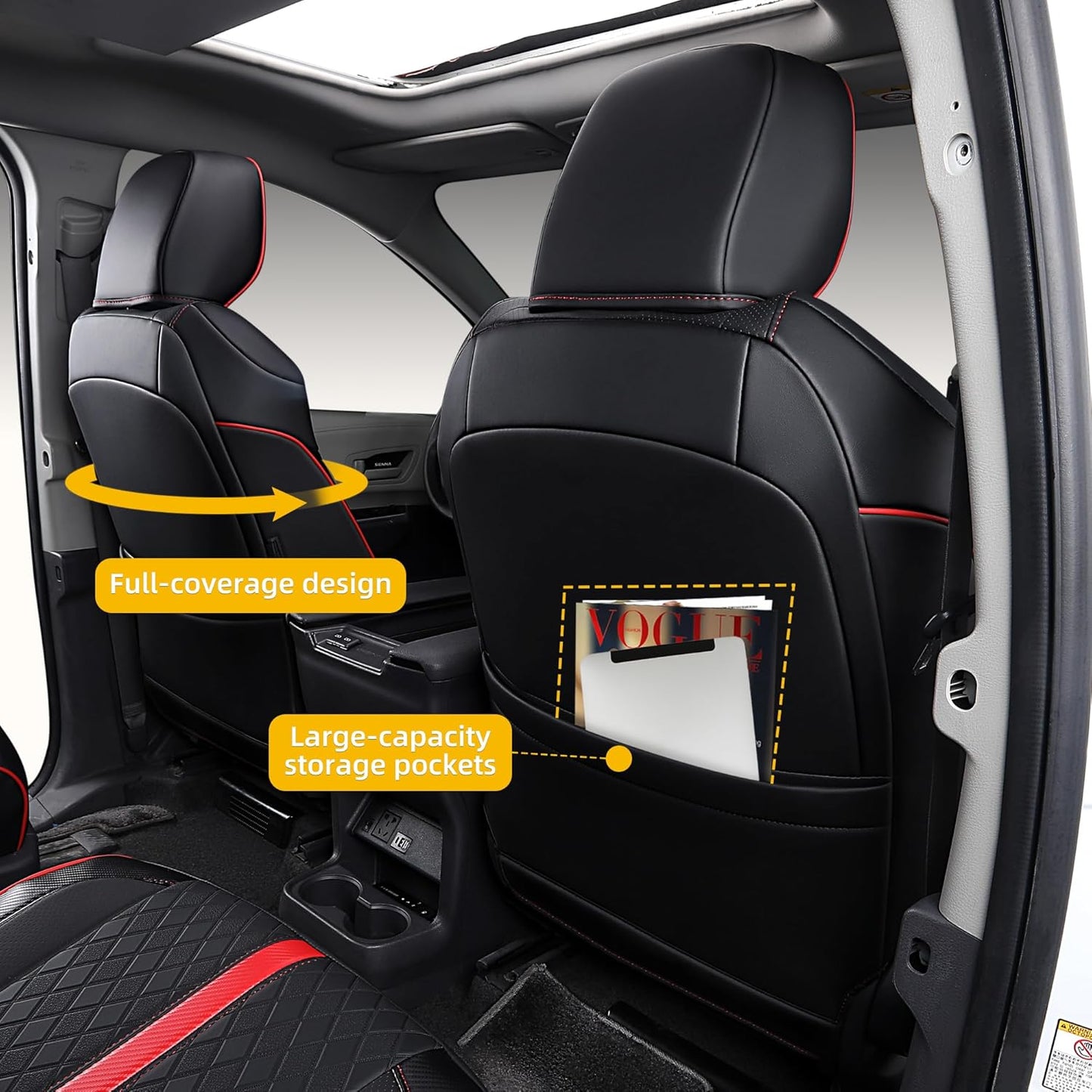 Custom Fit Sienna Seat Covers for Toyota Sienna LE,XLE 2021-2025 3-Row Accessories Full Coverage Waterproof Leather Car Seat Covers Full Set (Black with red, 8-Seat)