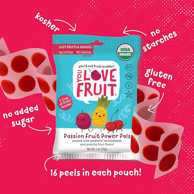 YOU LOVE FRUIT - PASSION FRUIT POWER PALS All Natural Fruit Snacks, Healthy Snack Pack, Real Fruit! Gluten Free, Non GMO, Vegan, Low Carb, Low Fat, Kosher, Variety Pack, Great For Adding To Gift Box, 1.0 oz (Pack of 12)