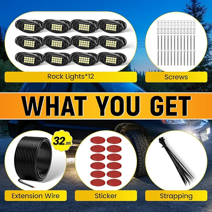 YONEDA 12 Pods White Rock Lights 6000K Ultra Bright LED Neon Underglow Lights IP68 Waterproof for Trucks SUV UTV ATV RZR Car Boats Pickup Motorcycle with 32.8in Extension Wire