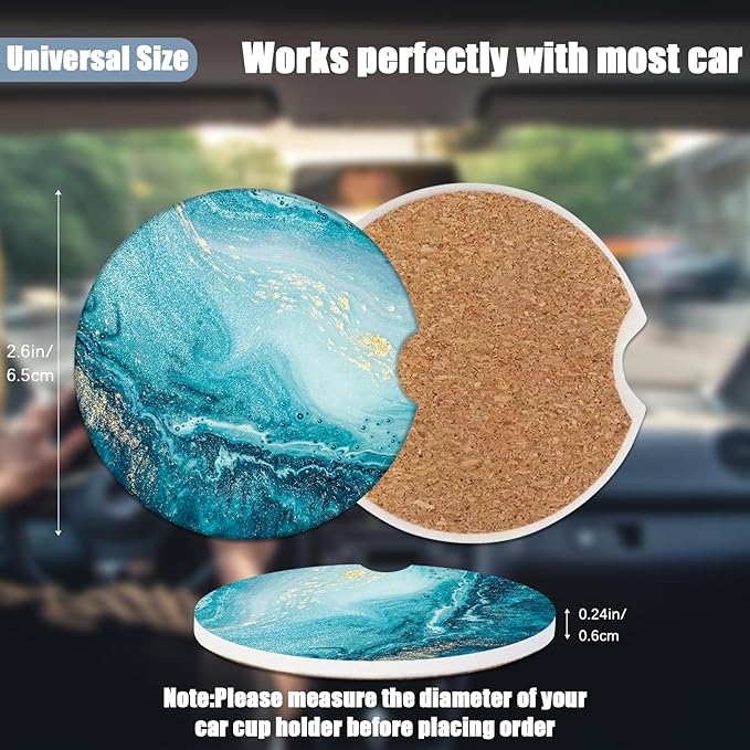 Car Cup Holder Coaster - Blue Sea Marble Absorbent Ceramic Coaster, Car Coasters for Cup Holders, Auto Accessories for Women & Men, Pack of 2