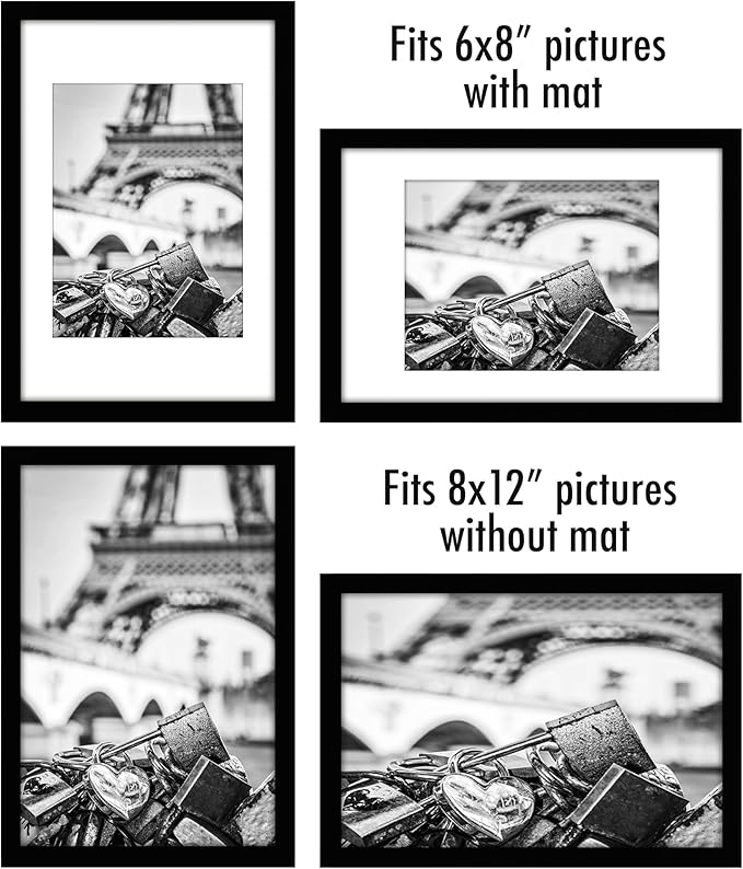 Americanflat 8x12 Picture Frame with Polished Plexiglass - Set of 5 - Use as 6x8 Frame with Mat or Display 8x12 Photo Without Mat - Galleria Collection - Picture Frames for Wall Display - Black
