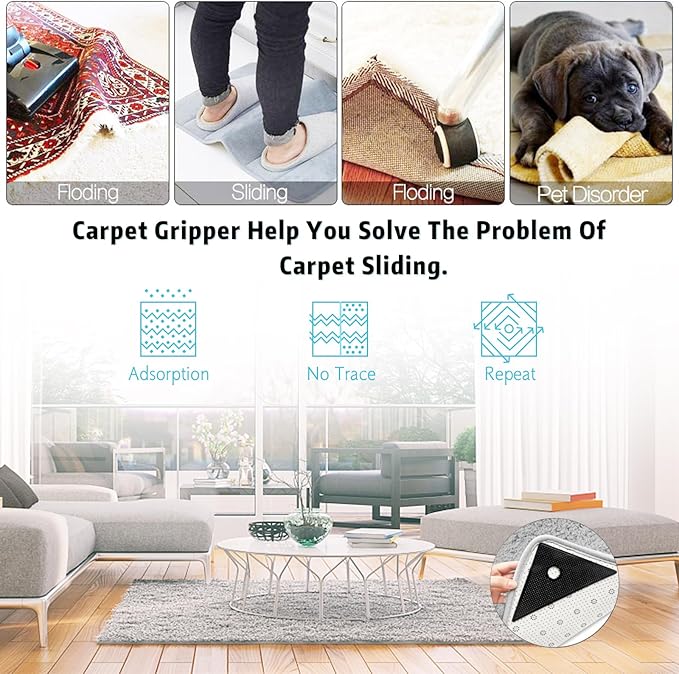 4 Pcs Carpet Tape, Reusable Anti Slip Rug Grips, Big Anti Slip Rug Pads Keep Corners Flat, Washable Carpet Tape for Area Rugs, Rug Stickers for Wood Floor (Black)