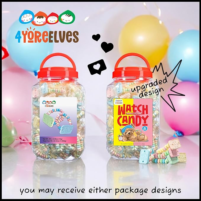 90 Candy Bracelet Watches Individually Wrapped, Taste Nostalgia with our Playful and Delicious Candy Jewelry, Perfect for Party Favors, Goody Bags and Birthdays, by 4YoreElves, Pack of 90 x 0.42oz