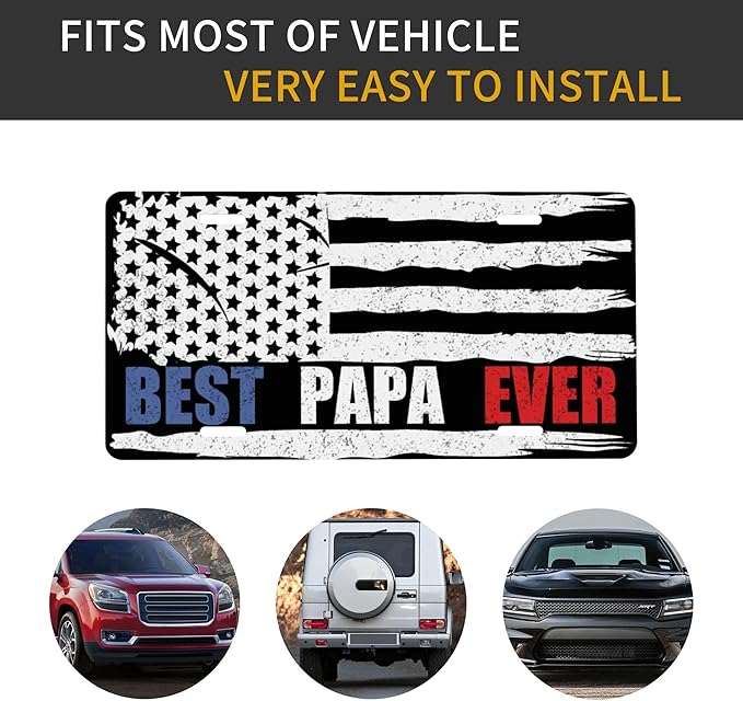 Front License Plate Father's Day Best Papa Ever Vanity Plates Aluminum Metal Decorative Car Tag American Flag Novelty License Plate Cover for Men Women ‎6 * 12 in (4 Holes)