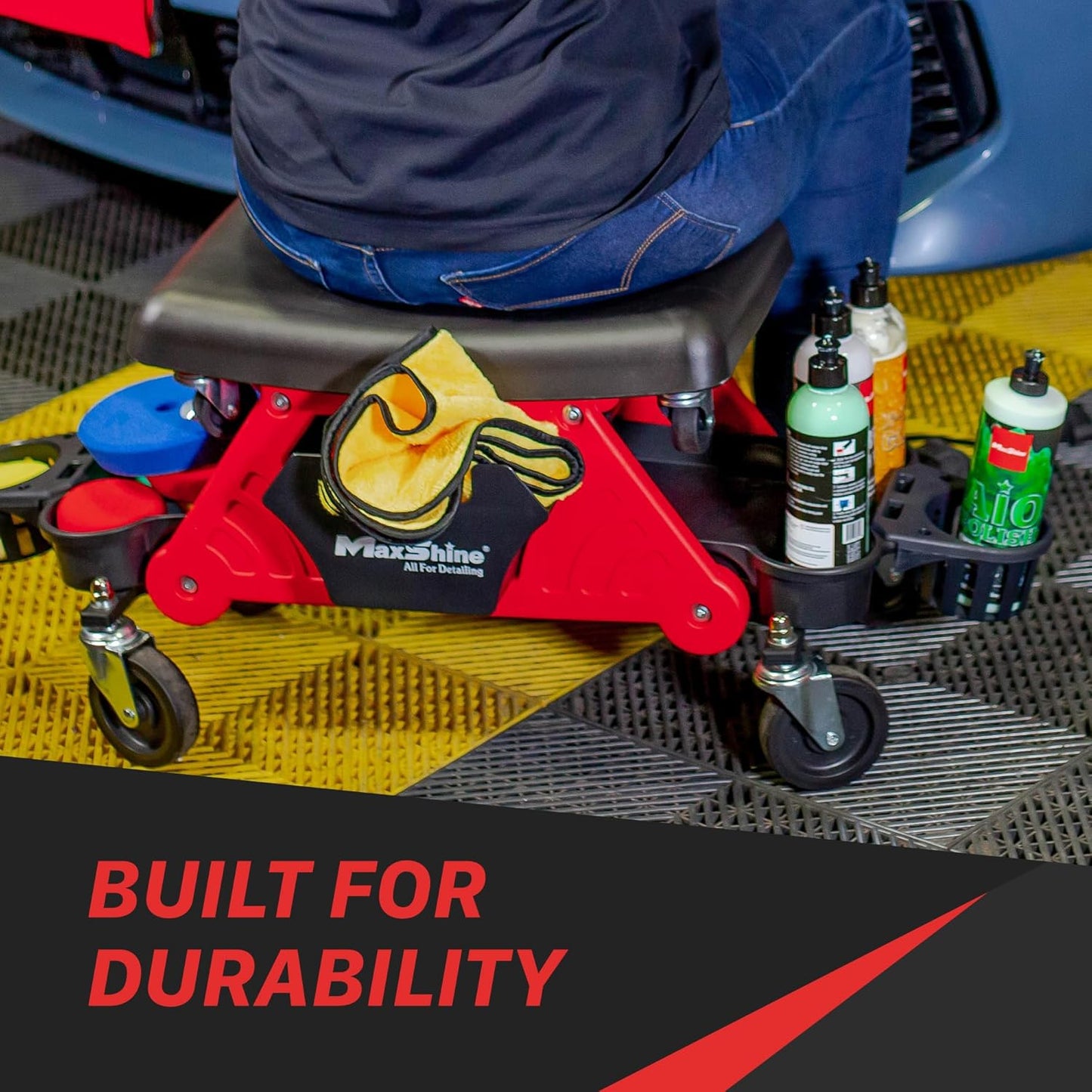 Maxshine Creeper II Detailing Creeper Seat | Complete Set, Black, Polyethylene, Steel Frame | Modular Design, Removable Cushion, 4" Wheels | Rolling Creeper for Car Detailing