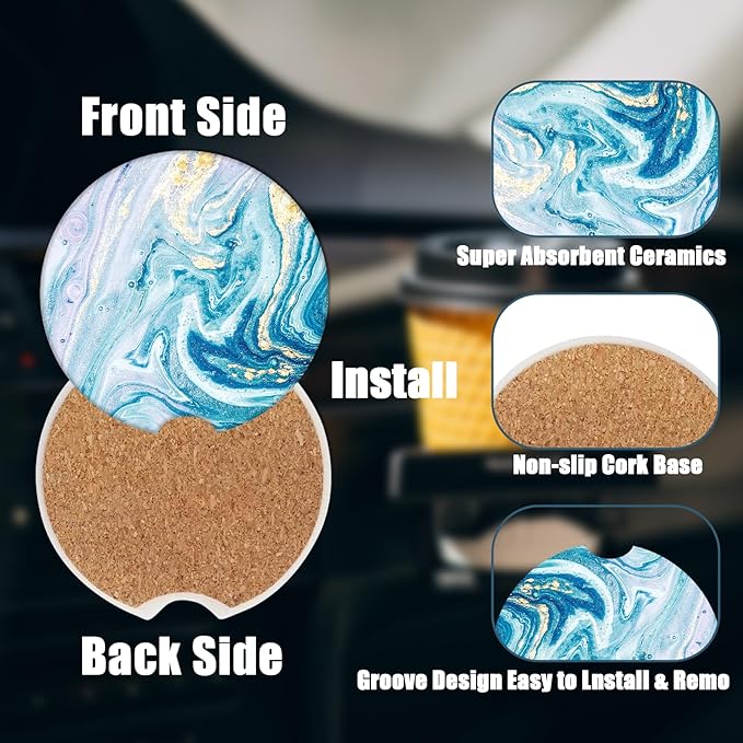Car Cup Holder Coaster - Blue Absorbent Ceramic Coaster 2 Pack, Car Coasters for Cup Holders, Fashion Car Interior Accessories Drink Coaster for Women & Men