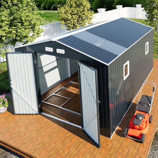 10x12 Metal Shed with Floor Frame Kit & Reinforced Construction - Translucent Roof Panels for Natural Light, Lockable Doors, Vents and Windows | Weatherproof Outdoor Storage for Garden/Backyard/Patio