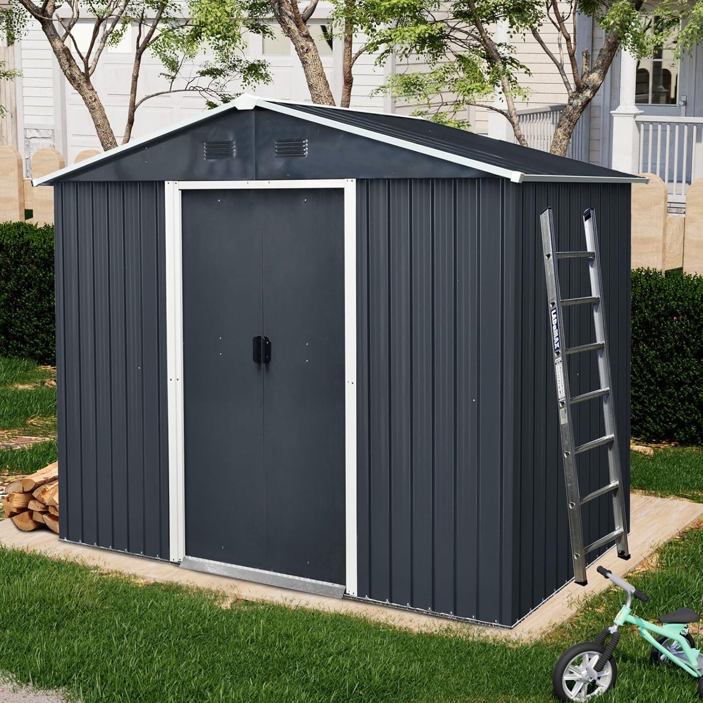 8x4 FT Outdoor Storage Shed,Metal Shed with Floor,Garden Shed W/Air Vent & Lockable Sliding Door,All Weather Waterproof Tool House W/Sloped Roof,for Backyard,Patio,Lawn,Black and White