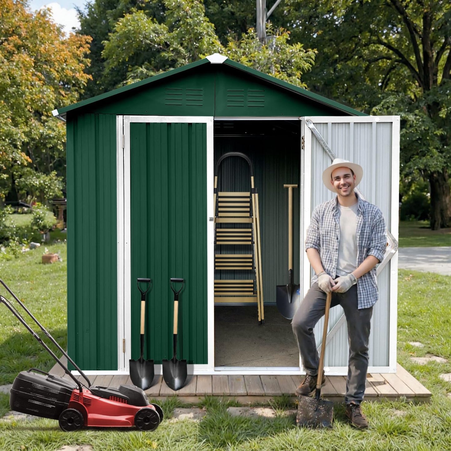6 x 4 FT Outdoor Storage Metal Shed, Bike Garden Tool Shed with Slooping Roof, Lockable Doors and Aluminum Frames, Shed Easy to Assemble for Garden, Patio, Lawn, Green