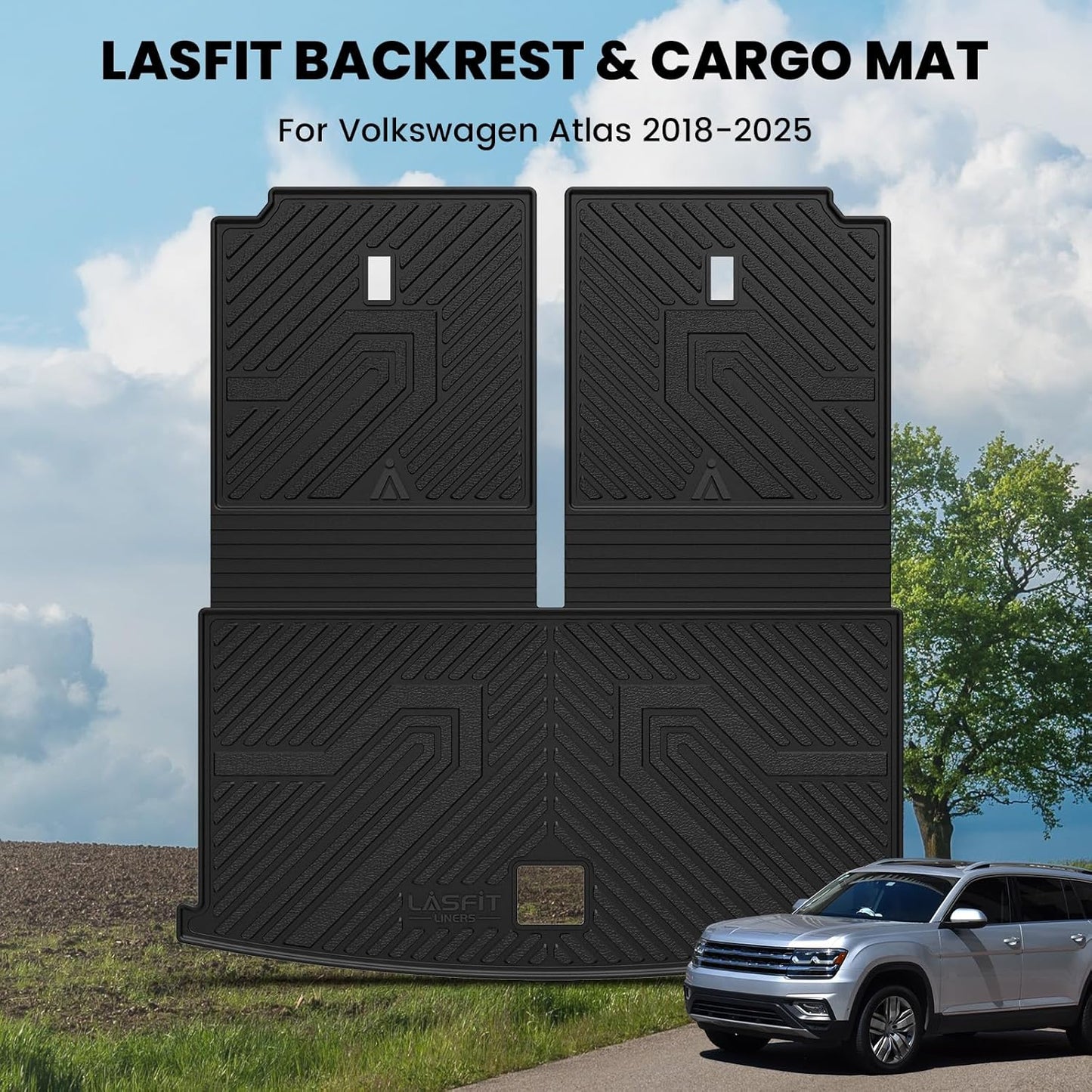 LASFIT Backrest Mat & Cargo Mat for Volkswagen VW Atlas 2025-2018, 2nd Row Bench seat, All Weather TPE Custom Fit Trunk Liners for VW Atlas Accessories Seatback Mats, Black, Easy to Clean