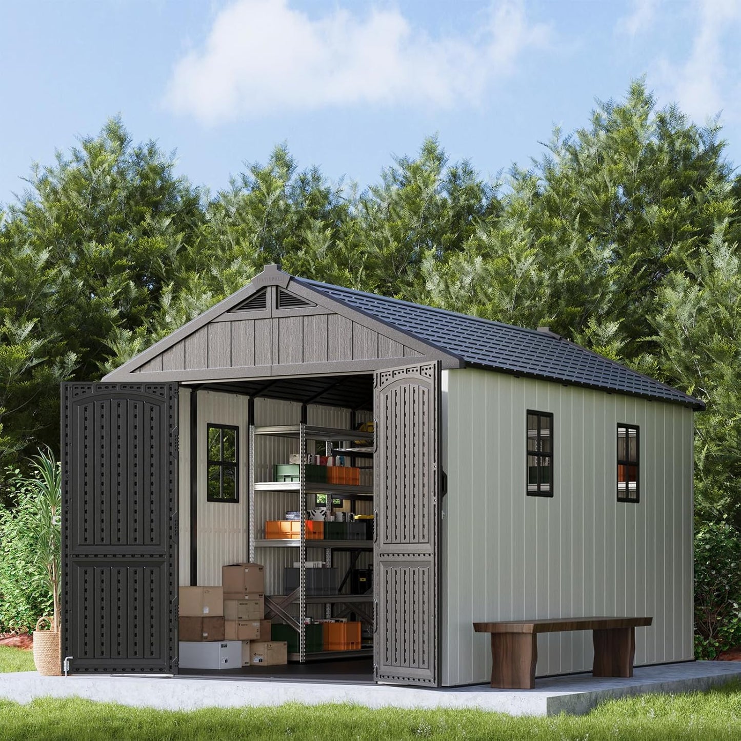 Patiowell 8x12 FT Outdoor Storage Shed, Plastic Shed Resin Garden Shed with Floor & Window & Lockable Door for Patio Furniture, Backyard Tools, Bicycles & Lawnmower, Beige