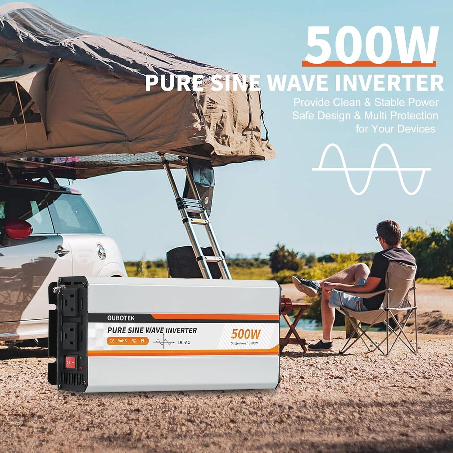 500W Power Inverter, DC 12V to 120V AC Converter for Vehicles Car, Pure Sine Wave Adapter with USB Port and 2 AC Outlets Car Charger for Laptop Smartphone Small Power Tool