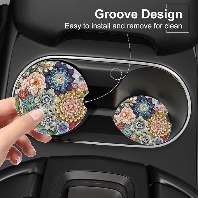 Car Cup Holder Coaster, Car Coasters for Cup Holders, 4 Pack Universal Anti Slip Insert Absorbent Ceramic Auto Interior Accessories with A Finger Notch & Cork Base, Mandala Flowers