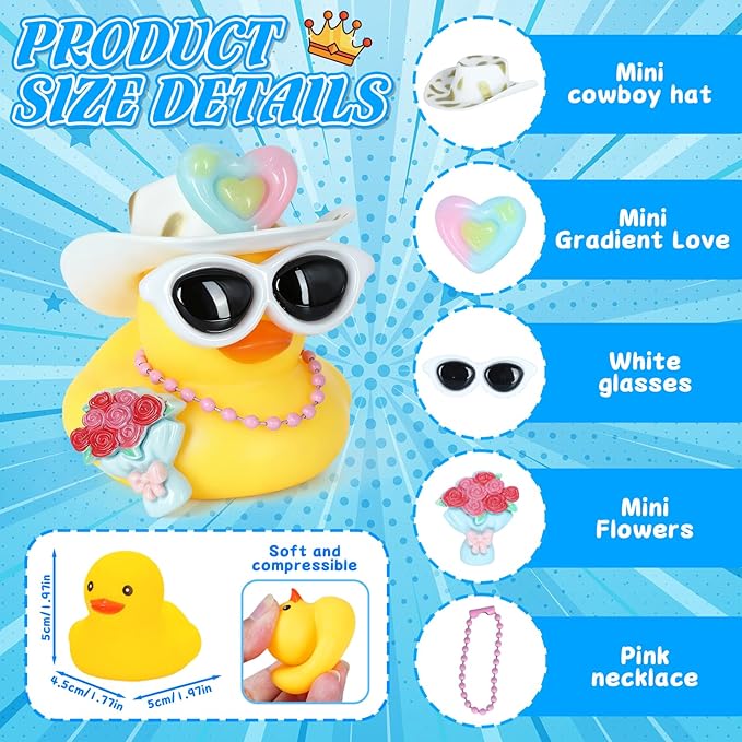 BOZILY Rubber Duck with White Sunglasses, Cowboy Hat, Heart Decor, Pink Necklace, Rose Bouquet & Adhesive Tapes,Cute Dashboard Decor for Adults, Home Office Decoration