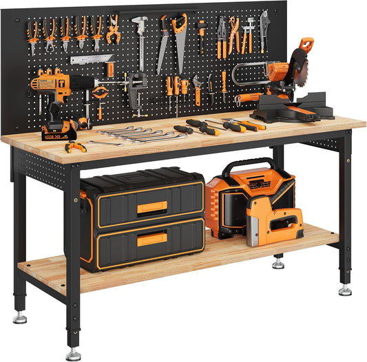 60" Work Bench Adjustable Height with Storage Shelf, Max Load 2000 LBS Heavy Duty Rubberwood Tabletop with Pegboard, LED Light, Built-in Power Strip for Woodworking Shop, Garage, Home