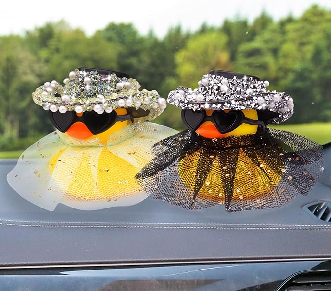 Car Rubber Duck Ornament Cute Duck Car Dashboard Decoration Accessories with Mini Hat Sunglasses and Skirt(AA8)