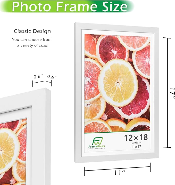 FrameWorks 2-Pack, 12x18 Matted to 11x17 Picture Frame, White ??Classic Wooden Photo Frame with Tempered Glass, Modern Matte Finish for Prints, Posters, Certificates & Wall Decor ??Gallery-Ready