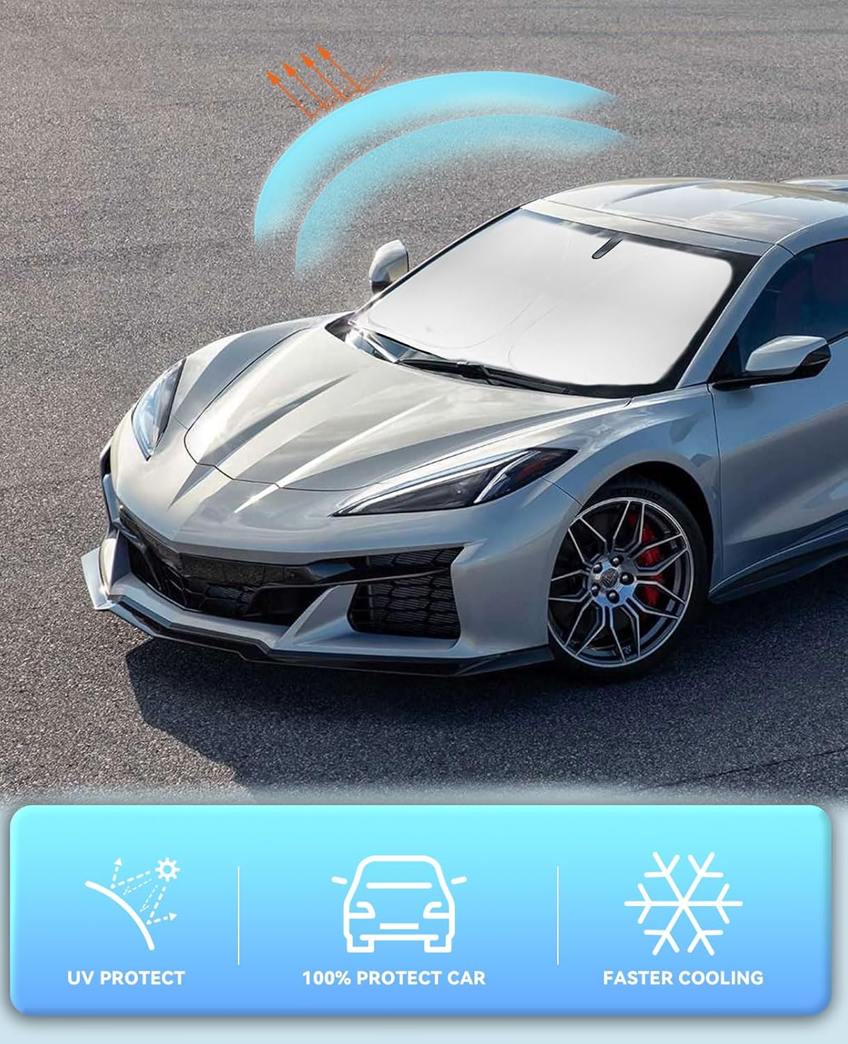 Sunshade for Chevy Corvette C8 Windshield Cover for Chevrolet Corvette 2020 2021 2022 2023 2024 2025 2026 Accessories Front Window Shields 240T Sun Visor Protector Blocks UV Ray